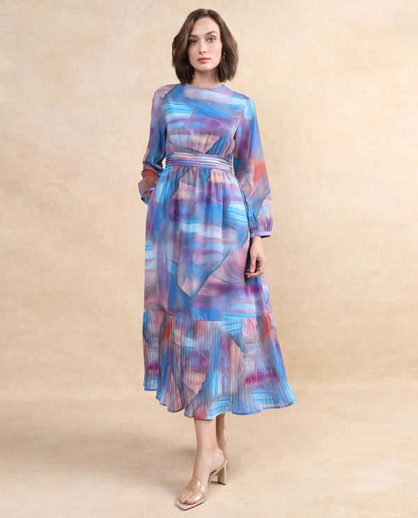 Rareism Women's Yason Multi  Crew Neck Zipper Closure Bishop Sleeve Abstract Fit And Flare Maxi Dress