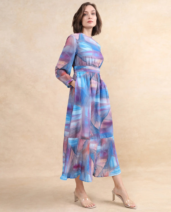 Rareism Women's Yason Multi  Crew Neck Zipper Closure Bishop Sleeve Abstract Fit And Flare Maxi Dress