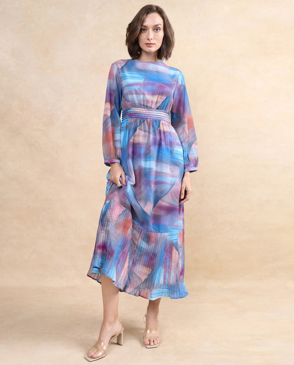 Rareism Women's Yason Multi  Crew Neck Zipper Closure Bishop Sleeve Abstract Fit And Flare Maxi Dress