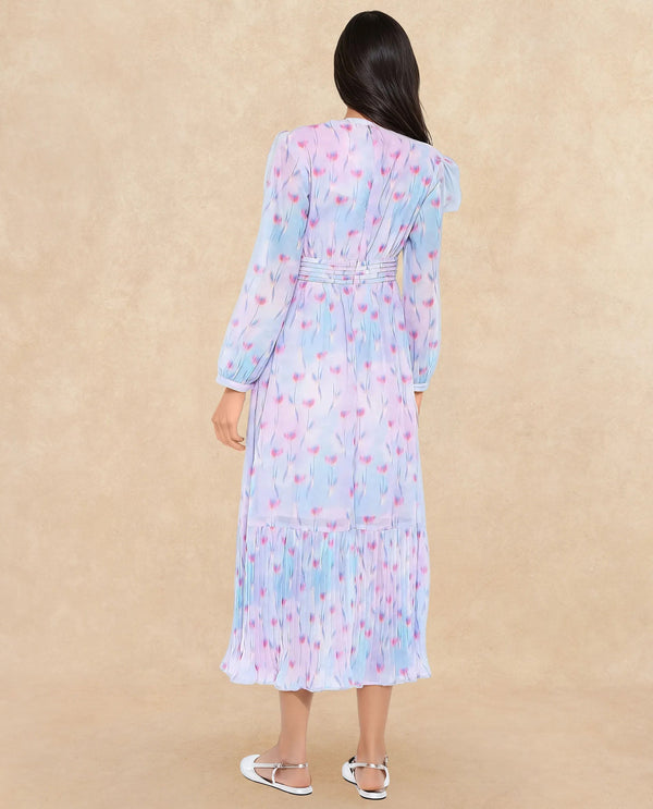 Rareism Women's Yasopp Multi Polyester Fabric Crew Neck Zipper Closure Bishop Sleeve Floral Print Fit And Flare Midi Dress