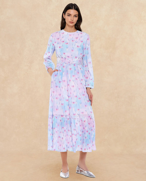 Rareism Women's Yasopp Multi Polyester Fabric Crew Neck Zipper Closure Bishop Sleeve Floral Print Fit And Flare Midi Dress