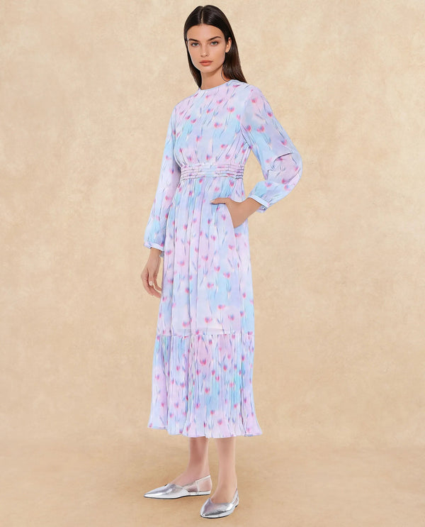 Rareism Women's Yasopp Multi Polyester Fabric Crew Neck Zipper Closure Bishop Sleeve Floral Print Fit And Flare Midi Dress