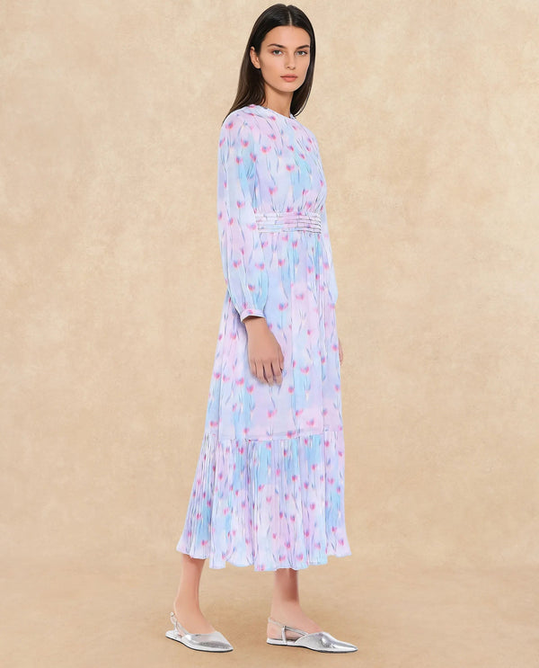 Rareism Women's Yasopp Multi Polyester Fabric Crew Neck Zipper Closure Bishop Sleeve Floral Print Fit And Flare Midi Dress