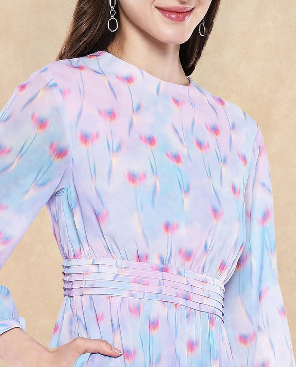 Rareism Women's Yasopp Multi Polyester Fabric Crew Neck Zipper Closure Bishop Sleeve Floral Print Fit And Flare Midi Dress