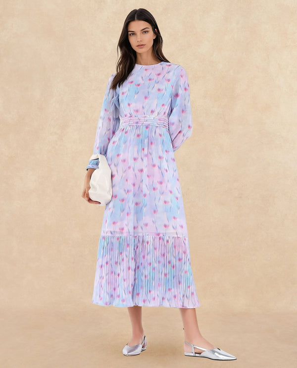 Rareism Women's Yasopp Multi Polyester Fabric Crew Neck Zipper Closure Bishop Sleeve Floral Print Fit And Flare Midi Dress