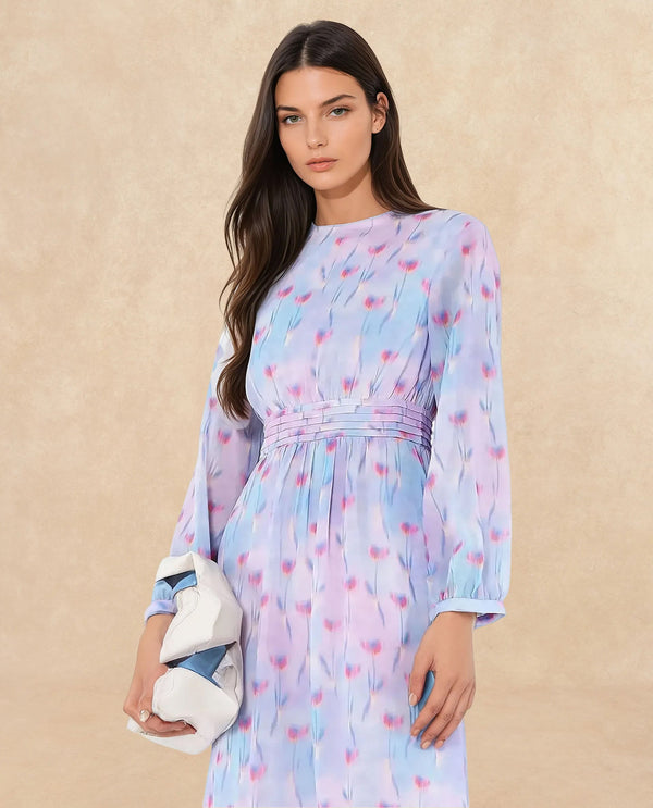 Rareism Women's Yasopp Multi Polyester Fabric Crew Neck Zipper Closure Bishop Sleeve Floral Print Fit And Flare Midi Dress