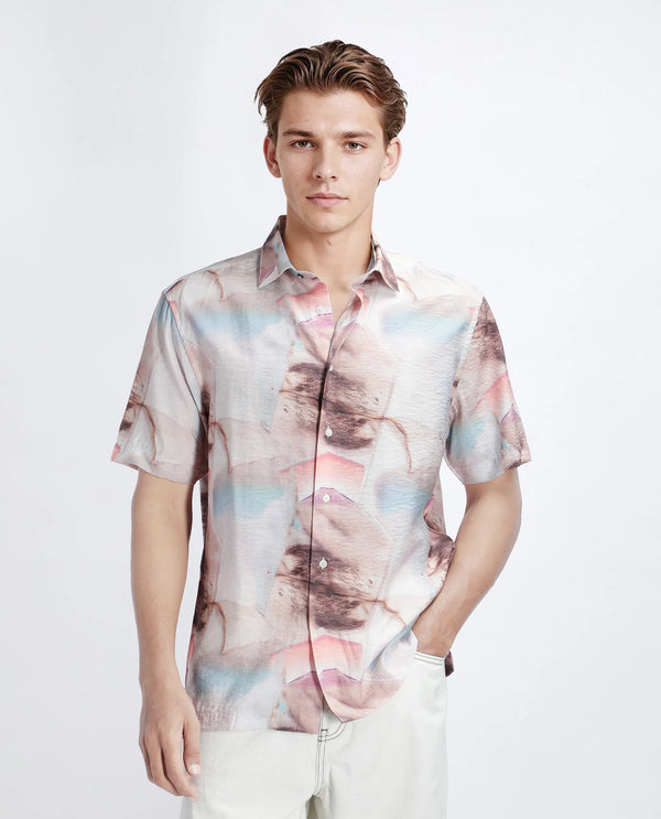 Rare Rabbit Men Yat Beige Cotton Fabric Half Sleeve Spread Collar Button Relaxed Fit Abstract Print Shirt