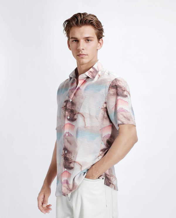 Rare Rabbit Men Yat Beige Cotton Fabric Half Sleeve Spread Collar Button Relaxed Fit Abstract Print Shirt