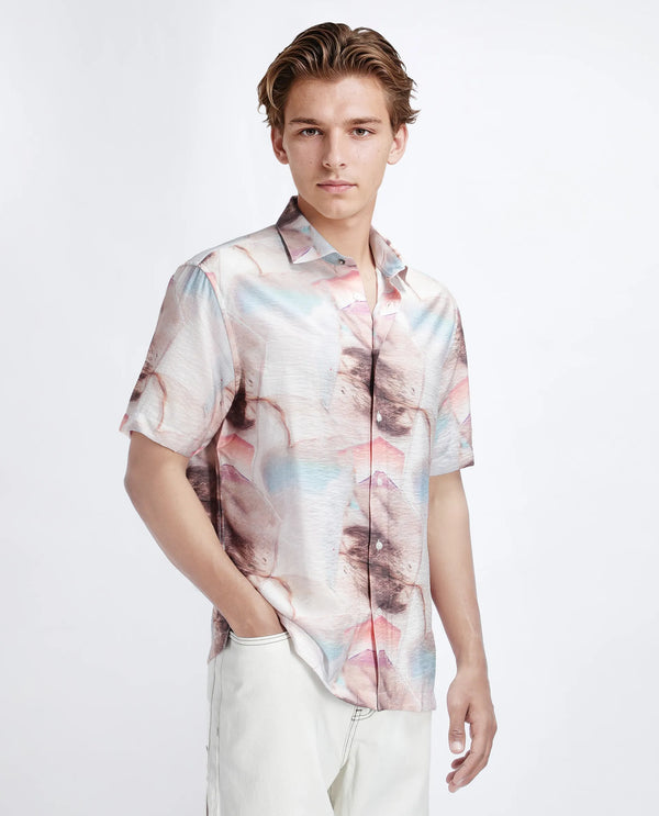 Rare Rabbit Men Yat Beige Cotton Fabric Half Sleeve Spread Collar Button Relaxed Fit Abstract Print Shirt