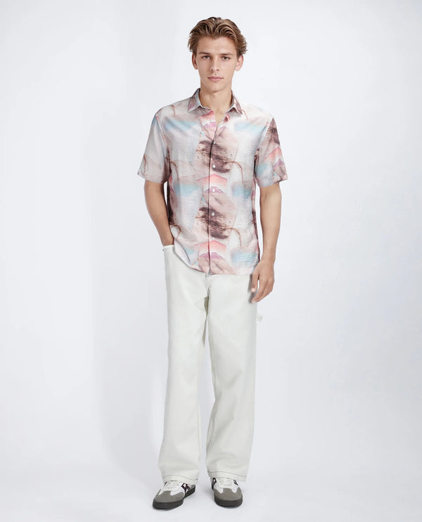 Rare Rabbit Men Yat Beige Cotton Fabric Half Sleeve Spread Collar Button Relaxed Fit Abstract Print Shirt