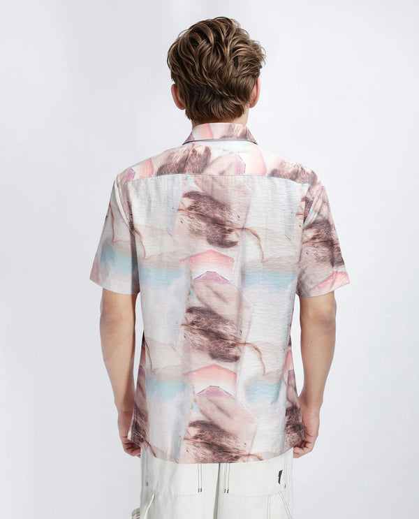 Rare Rabbit Men Yat Beige Cotton Fabric Half Sleeve Spread Collar Button Relaxed Fit Abstract Print Shirt
