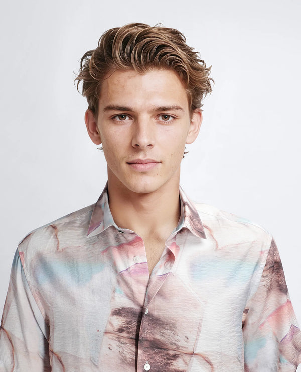 Rare Rabbit Men Yat Beige Cotton Fabric Half Sleeve Spread Collar Button Relaxed Fit Abstract Print Shirt