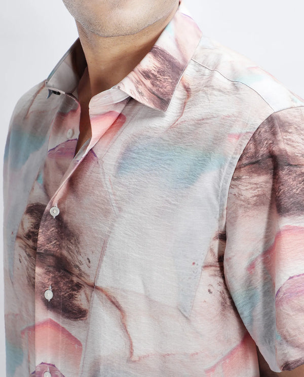 Rare Rabbit Men Yat Beige Cotton Fabric Half Sleeve Spread Collar Button Relaxed Fit Abstract Print Shirt
