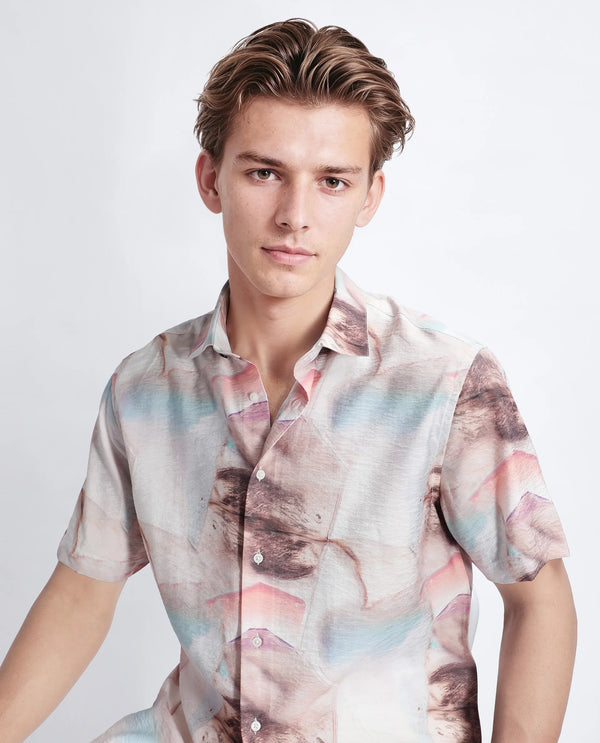 Rare Rabbit Men Yat Beige Cotton Fabric Half Sleeve Spread Collar Button Relaxed Fit Abstract Print Shirt