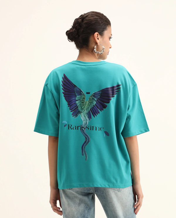 Rareism Women Yeez Teal Cotton Blend Fabric Short Sleeve Crew Neck Oversized Fit Graphic Print T-Shirt
