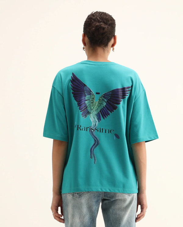 Rareism Women Yeez Teal Cotton Blend Fabric Short Sleeve Crew Neck Oversized Fit Graphic Print T-Shirt
