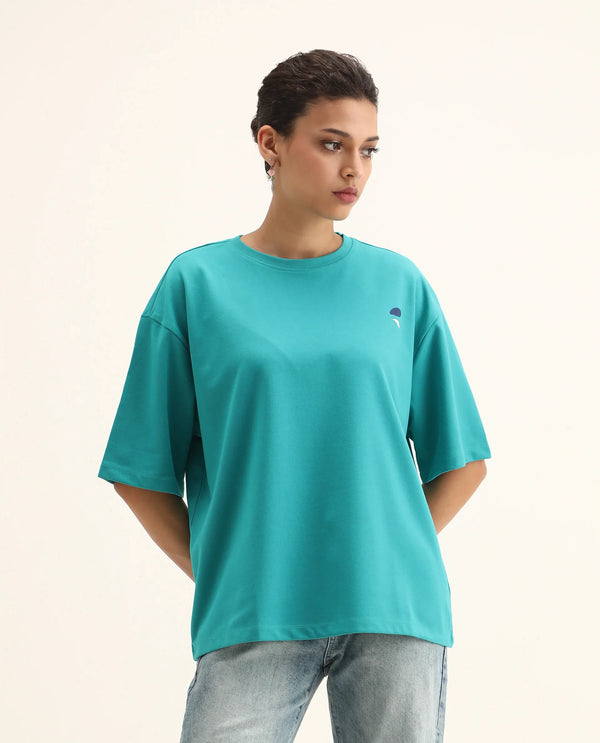 Rareism Women Yeez Teal Cotton Blend Fabric Short Sleeve Crew Neck Oversized Fit Graphic Print T-Shirt