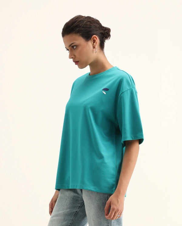 Rareism Women Yeez Teal Cotton Blend Fabric Short Sleeve Crew Neck Oversized Fit Graphic Print T-Shirt