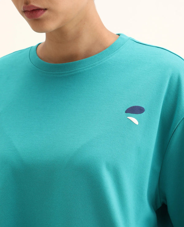 Rareism Women Yeez Teal Cotton Blend Fabric Short Sleeve Crew Neck Oversized Fit Graphic Print T-Shirt