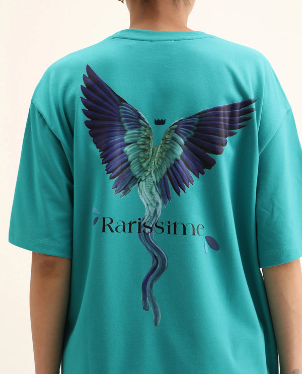 Rareism Women Yeez Teal Cotton Blend Fabric Short Sleeve Crew Neck Oversized Fit Graphic Print T-Shirt