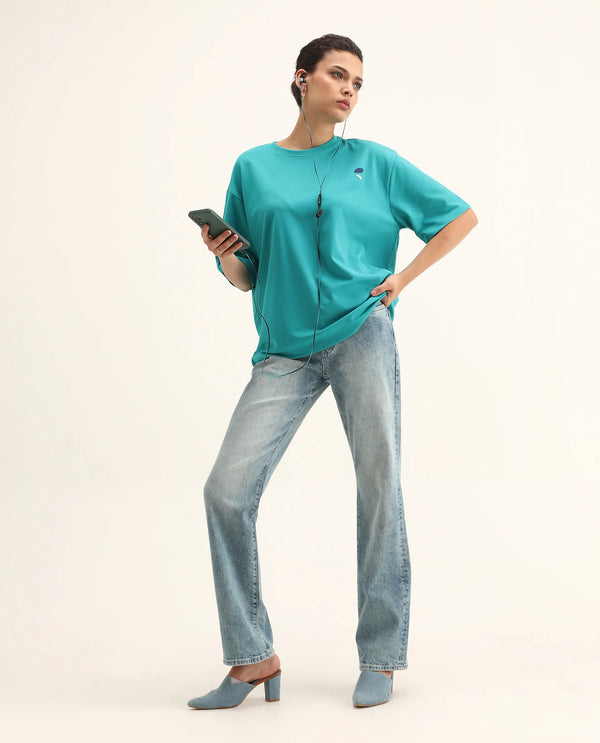 Rareism Women Yeez Teal Cotton Blend Fabric Short Sleeve Crew Neck Oversized Fit Graphic Print T-Shirt