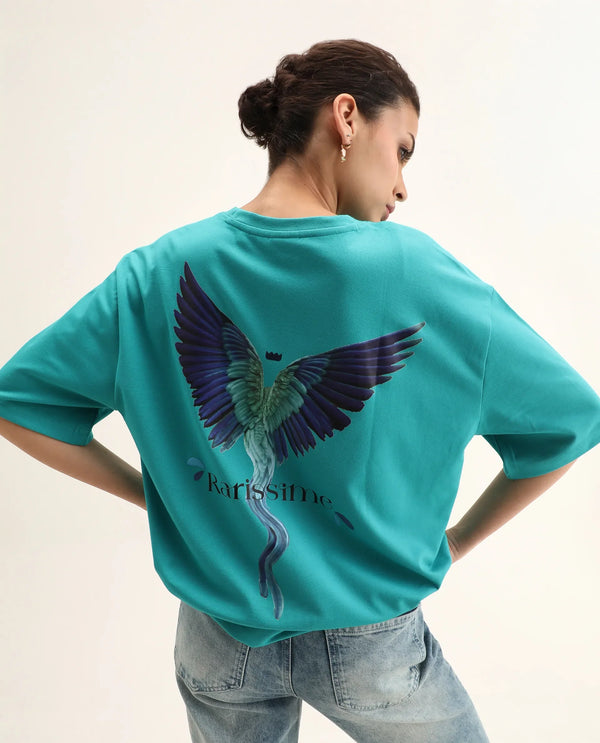 Rareism Women Yeez Teal Cotton Blend Fabric Short Sleeve Crew Neck Oversized Fit Graphic Print T-Shirt