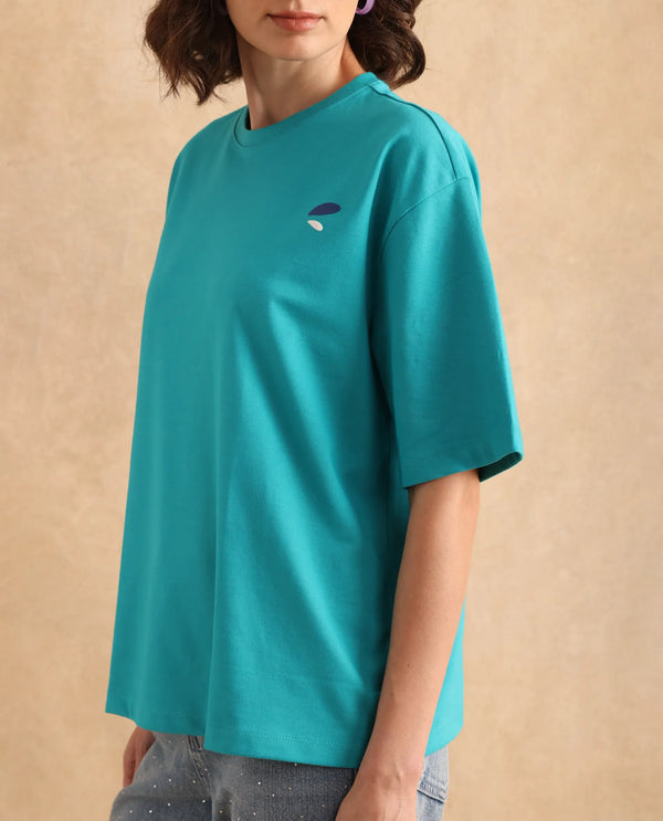 Rareism Women Yeez Teal Cotton Blend Fabric Short Sleeve Crew Neck Oversized Fit Graphic Print T-Shirt