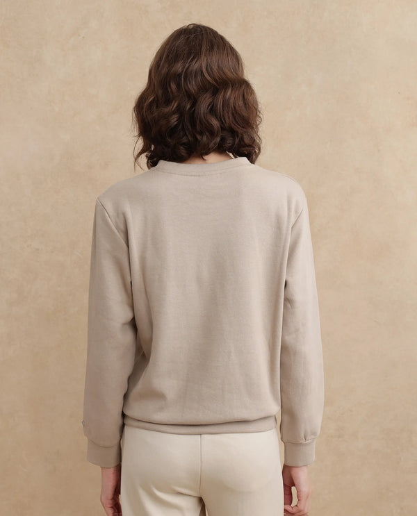 Rareism Women Yello Beige Cotton Blend Fabric Full Sleeve Crew Neck Relaxed Fit Plain Sweatshirt