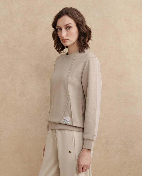 Rareism Women Yello Beige Cotton Blend Fabric Full Sleeve Crew Neck Relaxed Fit Plain Sweatshirt
