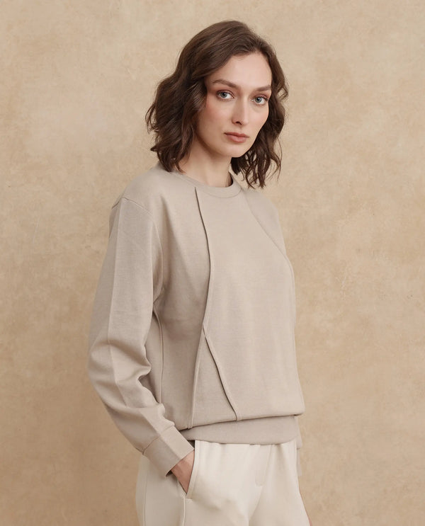 Rareism Women Yello Beige Cotton Blend Fabric Full Sleeve Crew Neck Relaxed Fit Plain Sweatshirt