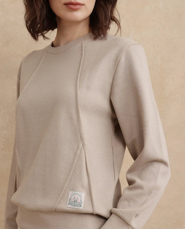 Rareism Women Yello Beige Cotton Blend Fabric Full Sleeve Crew Neck Relaxed Fit Plain Sweatshirt