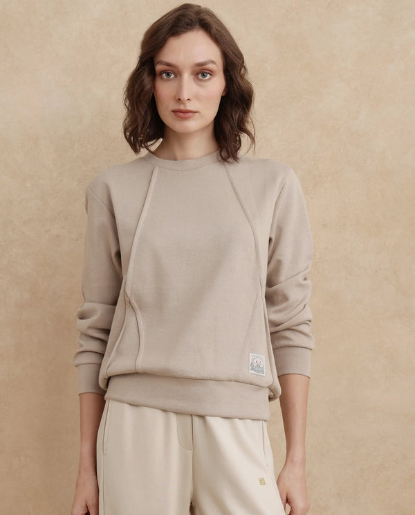 Rareism Women Yello Beige Cotton Blend Fabric Full Sleeve Crew Neck Relaxed Fit Plain Sweatshirt