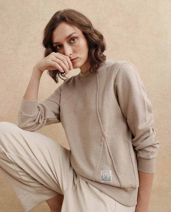 Rareism Women Yello Beige Cotton Blend Fabric Full Sleeve Crew Neck Relaxed Fit Plain Sweatshirt