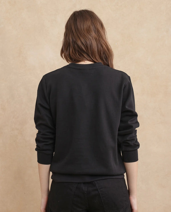 Rareism Women Yello Black Cotton Blend Fabric Full Sleeve Crew Neck Relaxed Fit Plain Sweatshirt