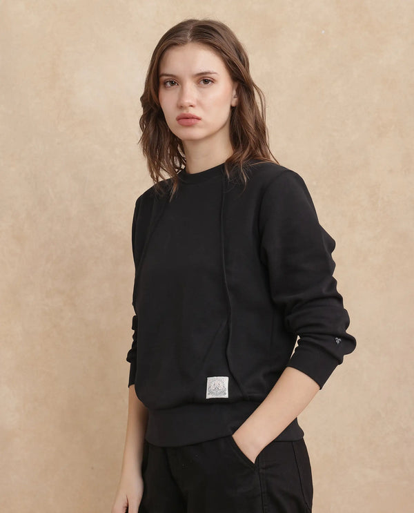 Rareism Women Yello Black Cotton Blend Fabric Full Sleeve Crew Neck Relaxed Fit Plain Sweatshirt