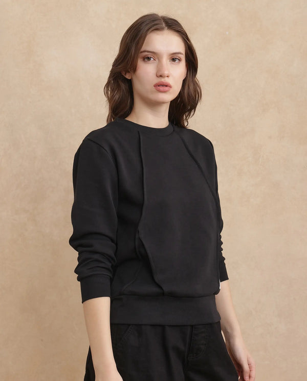 Rareism Women Yello Black Cotton Blend Fabric Full Sleeve Crew Neck Relaxed Fit Plain Sweatshirt