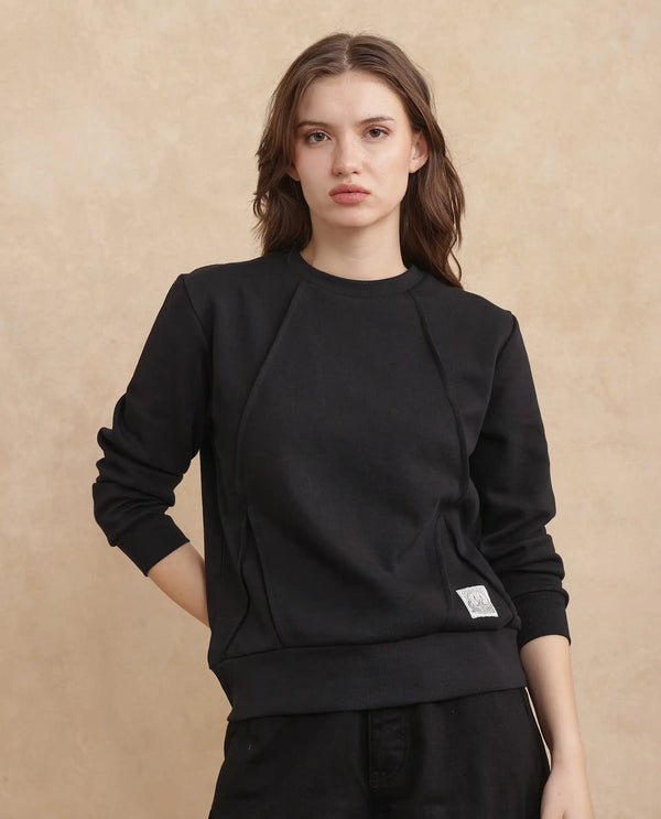 Rareism Women Yello Black Cotton Blend Fabric Full Sleeve Crew Neck Relaxed Fit Plain Sweatshirt