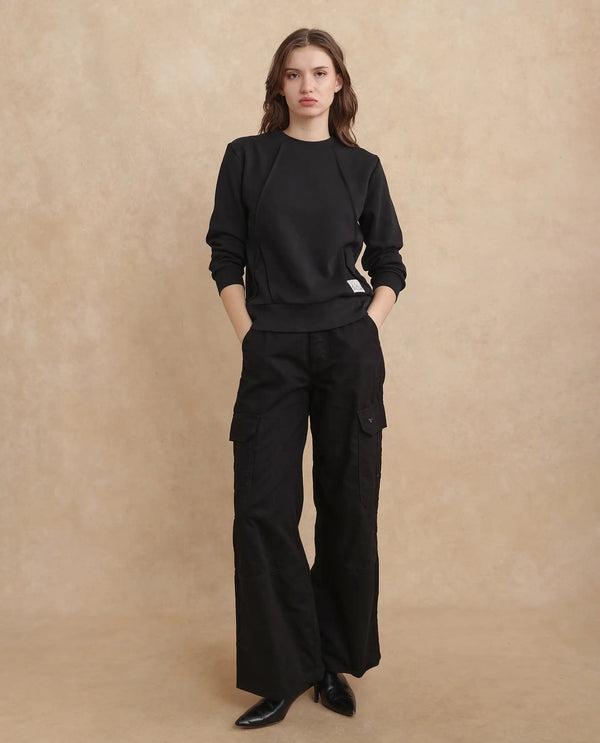 Rareism Women Yello Black Cotton Blend Fabric Full Sleeve Crew Neck Relaxed Fit Plain Sweatshirt