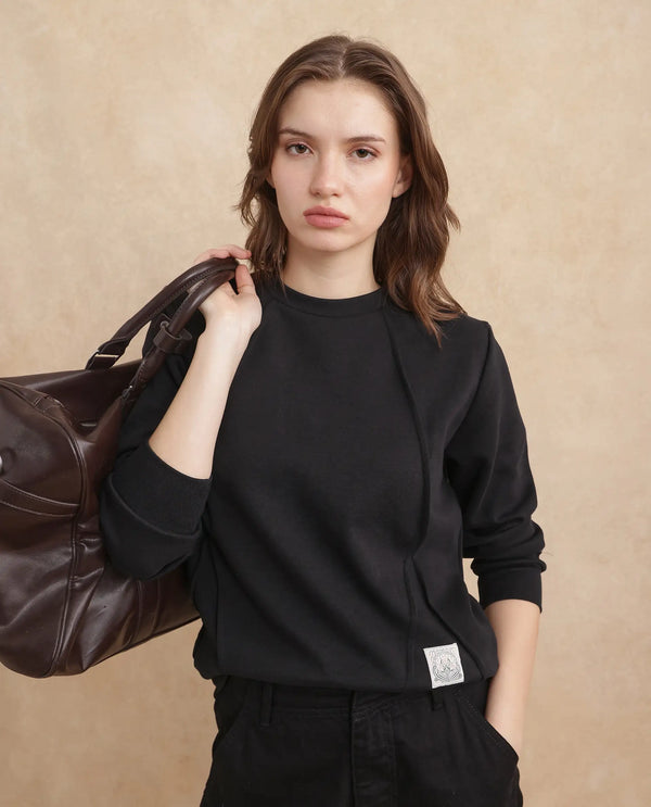 Rareism Women Yello Black Cotton Blend Fabric Full Sleeve Crew Neck Relaxed Fit Plain Sweatshirt