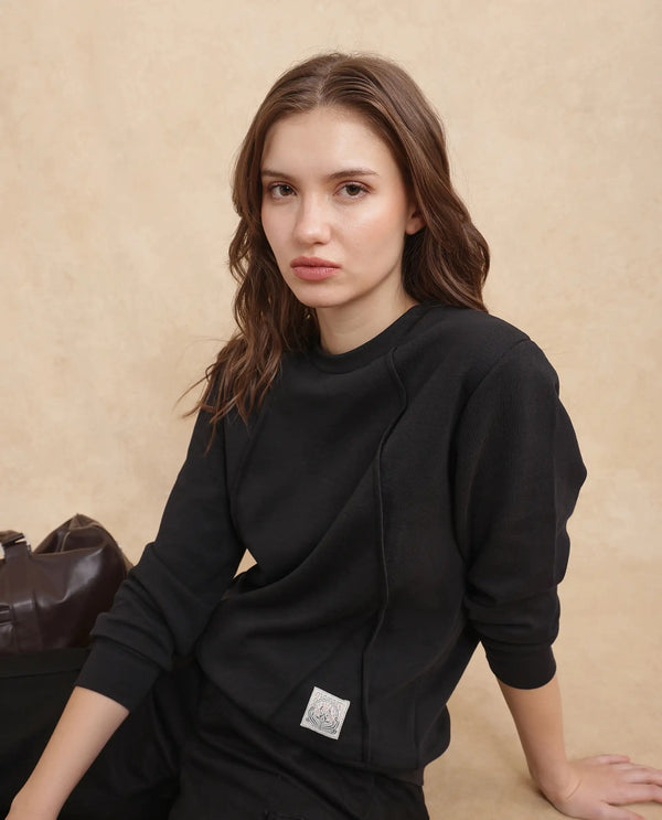 Rareism Women Yello Black Cotton Blend Fabric Full Sleeve Crew Neck Relaxed Fit Plain Sweatshirt