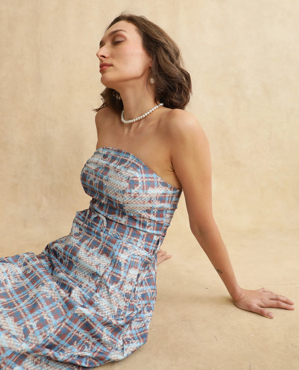 Rareism Women Yerd Blue Sleeveless Tube Neck Flared Midi Geometric Print Dress