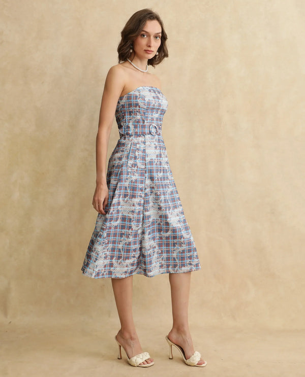 Rareism Women Yerd Blue Sleeveless Tube Neck Flared Midi Geometric Print Dress