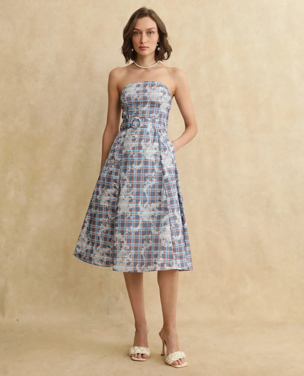 Rareism Women Yerd Blue Sleeveless Tube Neck Flared Midi Geometric Print Dress