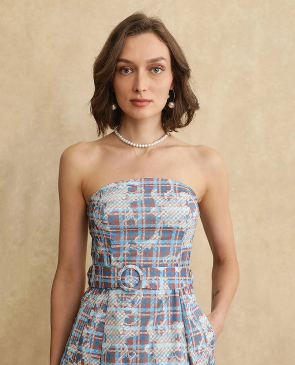 Rareism Women Yerd Blue Sleeveless Tube Neck Flared Midi Geometric Print Dress