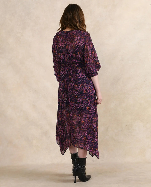 Rareism Women Yerevan Dark Multi Puffed Sleeve Round Neck Zipper Closure Asymmetric Midi Abstract Print Dress