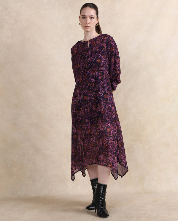 Rareism Women Yerevan Dark Multi Puffed Sleeve Round Neck Zipper Closure Asymmetric Midi Abstract Print Dress