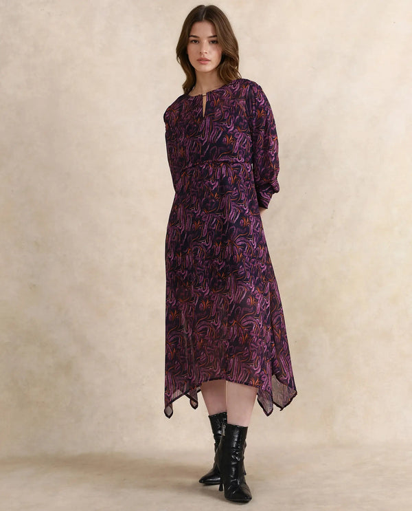 Rareism Women Yerevan Dark Multi Puffed Sleeve Round Neck Zipper Closure Asymmetric Midi Abstract Print Dress