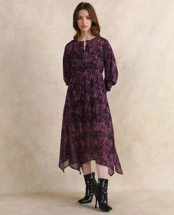 Rareism Women Yerevan Dark Multi Puffed Sleeve Round Neck Zipper Closure Asymmetric Midi Abstract Print Dress