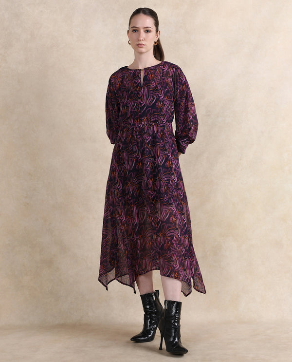Rareism Women Yerevan Dark Multi Puffed Sleeve Round Neck Zipper Closure Asymmetric Midi Abstract Print Dress
