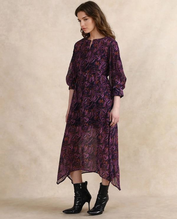 Rareism Women Yerevan Dark Multi Puffed Sleeve Round Neck Zipper Closure Asymmetric Midi Abstract Print Dress